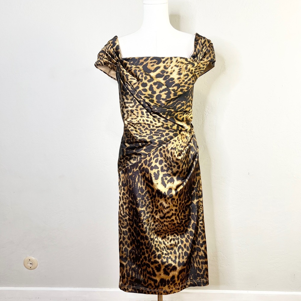 Tadashi Shoji Sheath Dress Size 12 Brown Leopard Ruched Stretch‎ Satin New